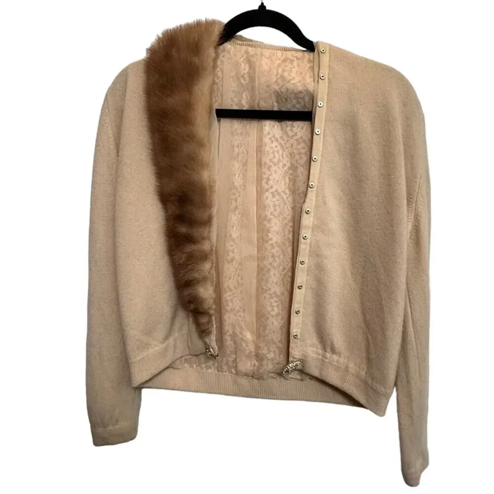 1950s Cashmere Cardigan Detachable Mink Fur Collar Rhinestone Clasp Glam SM - Picture 8 of 13